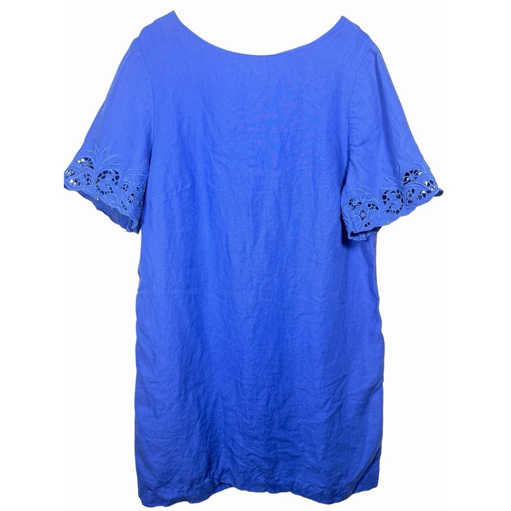 Chicos Blue Linen Dress Eyelet Sleeve Coastal Chic Resort Wear XL 3‎ Minimalist